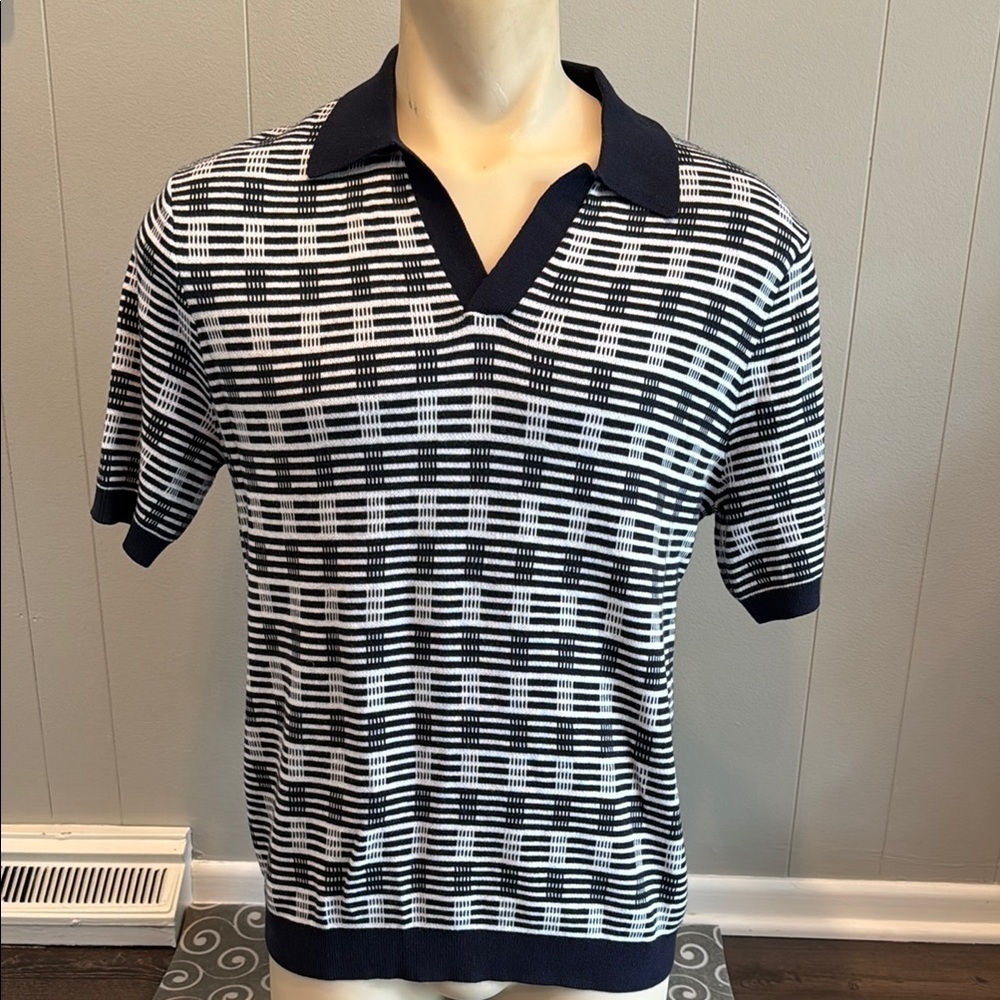 Magaschoni Men’s Medium Navy and White Polo Shirt with Modern Geometric Patterns